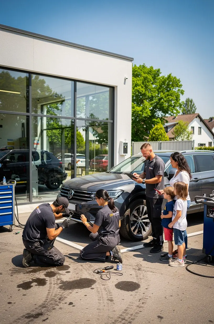 Fahrer erhält eine Checkliste für die Vorbereitung auf eine lange Autofahrt in einer deutschen Werkstatt.